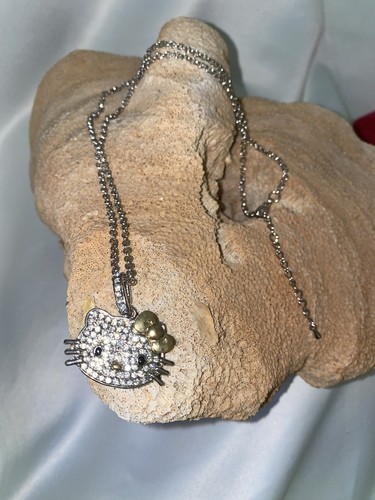 Hello Kitty Pendant Necklace Silver Chain Rhinestone Gold Bow None Tarnishing - Picture 2 of 6