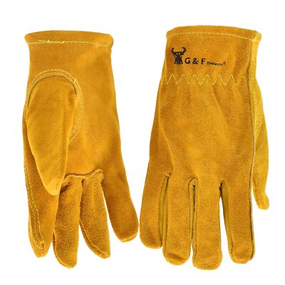 JustForKids Cowhide Leather Kids Garden Gloves Medium Yellow (5013M)