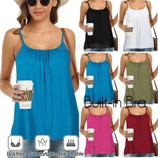 Womens Summer Camisole with Built in Bra Flowy Tank Top Loose Fit Padded Cami
