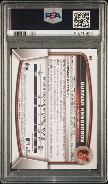 2023 Bowman Rookie /150 Blue Border #65 Gunnar Henderson RC SP BAL -PAPER- PSA 8 view 8