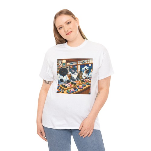 Unisex Adult T Shirt Cats at a Sushi Bar Scene Whimsical Funny Pet Lover Tee - Picture 18 of 25