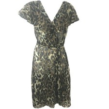 MSK Dress Women 6 Faux Wrap Leopard Print Ruffles Flutter Sleeve Semi Sheer