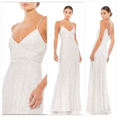 その他 Mac New MAC DUGGAL (10817) White Sequin & Silver Beads Spaghetti Strap