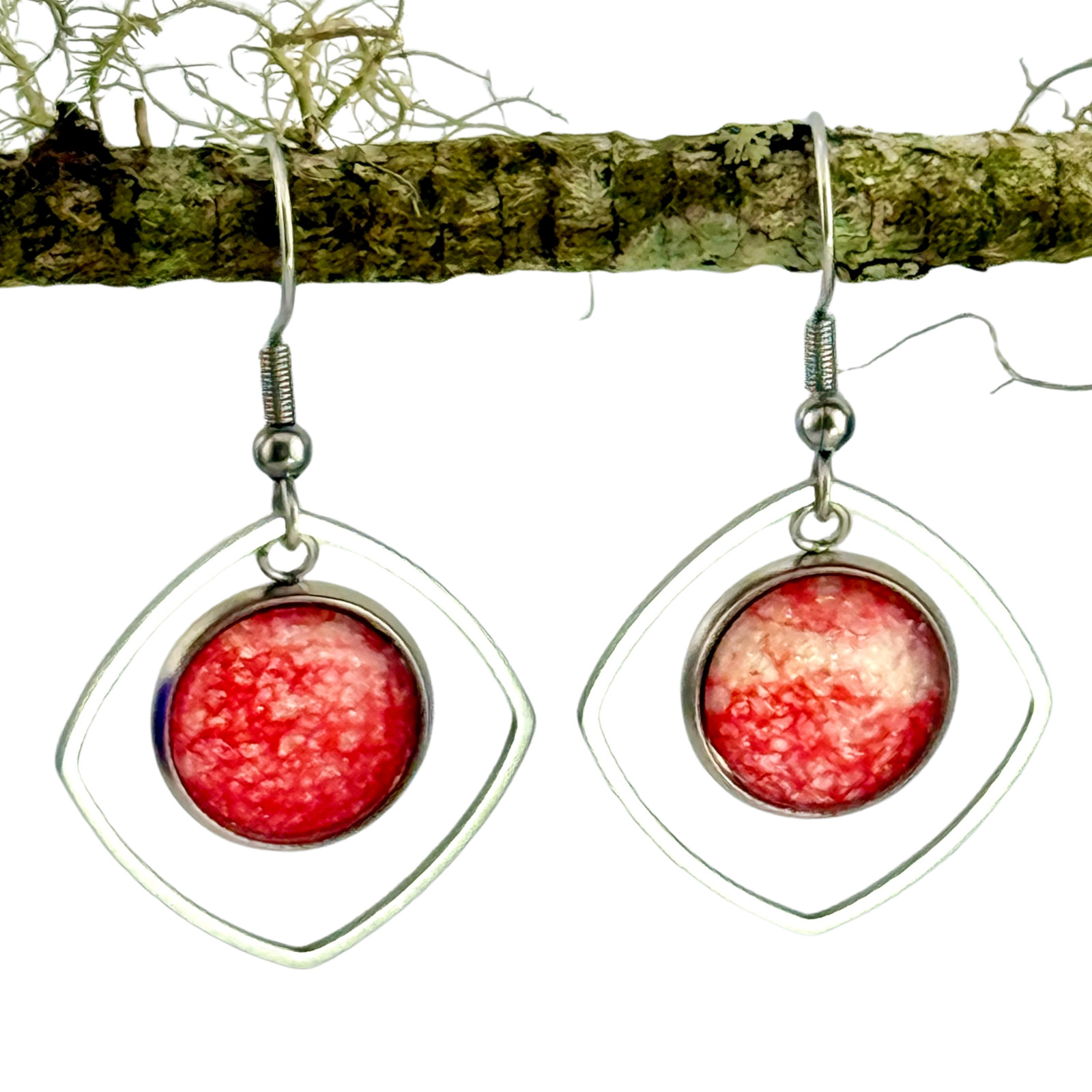 Dangle Earrings Frosty Red Geometric Handmade Sterling Silver French Earwires