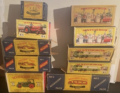 10 USED MOKO LESNEY MATCHBOX EMPTY KINGS , ACCESS,& MAJOR PACK BOXES K9 K4