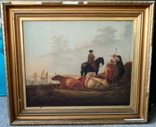 Oil on Canvas Painting Peasants and Cattle River Merwede After Aelbert Cuyp 19 C
