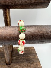Christmas-Themed Stretch Beaded Bracelet With Holiday Prints Red Green