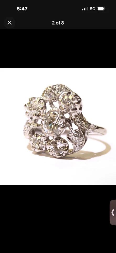 Anillo de moda de diamantes naturales europeos antiguos de oro blanco de 14k de 1,14 quilates 5,8 g vintage 8,5 Foto 4 de 4
