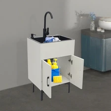 Kitchen White Utility Sink with Cabinet Laundry Stainless Steel Sink with Faucet