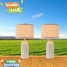 22" Modern Ceramic Table Lamp Set of 2, White Bedside Lamps for Living Room  Be