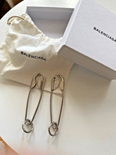 RARE BALENCIAGA SILVER EARRINGS FEATURING OVERSIZE SAFETY PIN DROP WITH HOOP