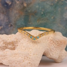 Solid 14k Yellow Gold Natural Turquoise Diamond Chevron Band Ring Fine Jewelry