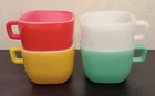 4 Vintage Glasbake Square Stackable Colorful Milk Glass Coffee Mugs