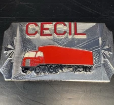 Vtg Belt Buckle Hook Fast Name Cecil Trucker Silver Tone Red Enamel Truck 3in