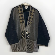 Veranda Wear Kimono Jacket Sz S/M Black Gray Button Front Cotton Guatemalan VTG