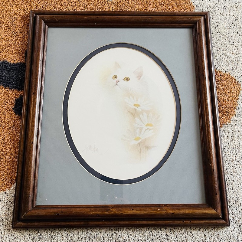 Vintage 16.5”x14.5” Bob Harrison Signed Wood Framed White Cat & Daisies Portrait