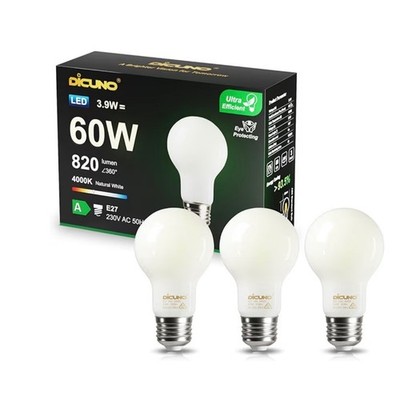 DiCUNO E27 Edison Schraubglühbirne, 3,9 W (60 W Äquivalent), 4000 K, 820 lm, nicht dimmend
