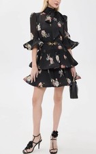 Zimmerman Pleated Tiered Mini Dress In Black Bird Print $950 Size 0