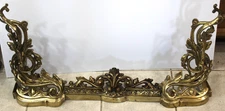 Antique French Louis XV Rococo Ornate Brass Fireplace Andirons & Fender Set