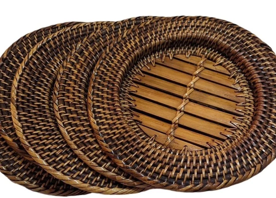 Vtg Woven Wicker Rattan Charger Plate Set 4 Placemats Bamboo Plate Holder 13" - Image 2 of 4