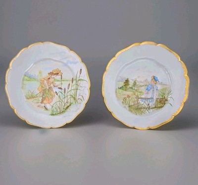 RARE Antique Haviland Limoges Scenic Portrait Plates CFH GDM Set 2 Scalloped 8''