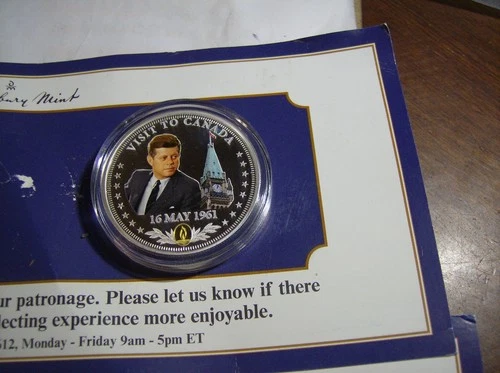 DANBURY MINT JFK VISIT TO CANADA 1 TROY OZ PURE SILVER COIN COLOR