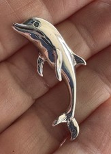 14k White Gold Large Dolphin Blue Diamond Pendant Slide 4.4g