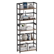 5-Tier Bookshelf, Industrial Bookcase with Bamboo Frame, Modern Display Stand...