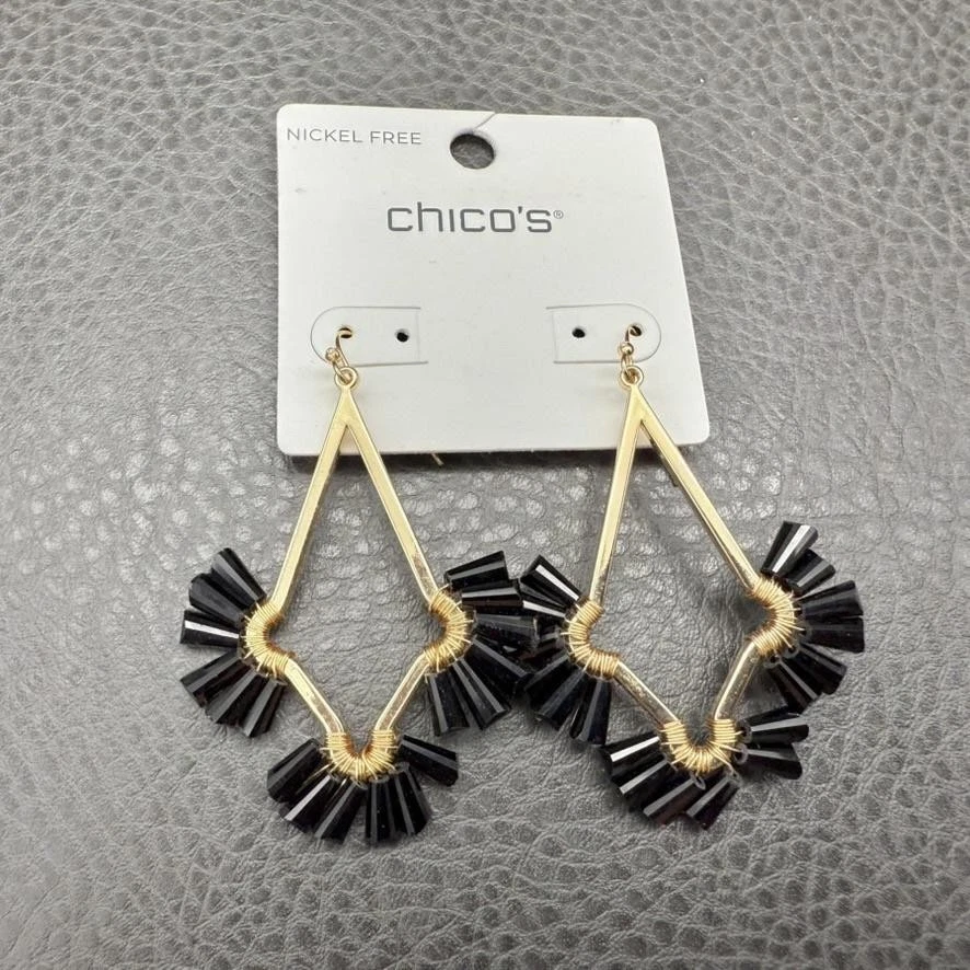 Chico's Statement Earrings Geometric Drop Dangle Gold Tone Beaded Nickel Free - Image 2 of 4