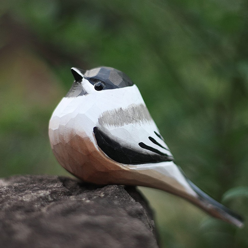 Wooden Black-Capped Chickadee Bird Figurine Hand Carved Bird Home Decor