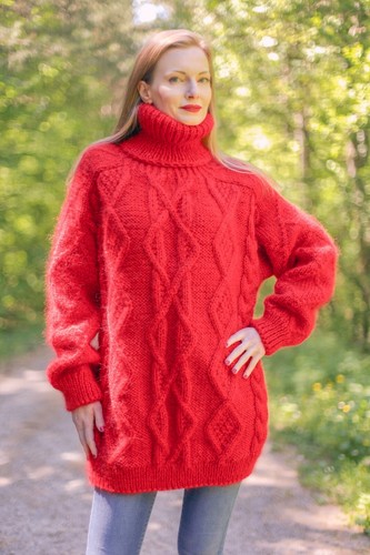 Red mohair sweater cable pullover hand 