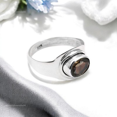 925 Sterling Silver Oval Smoky Quartz Gemstone Band Wedding Bezel Ring Size 8