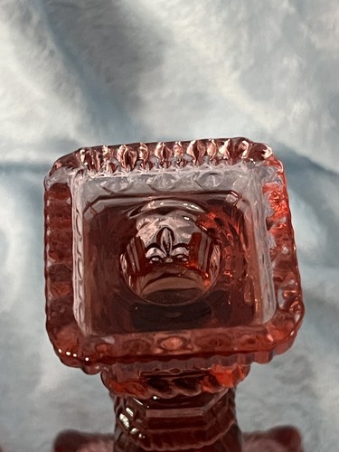 Vintage Pair Pink Pressed Glass Footed Candlestick Holders Fleur de Lis - Picture 3 of 7