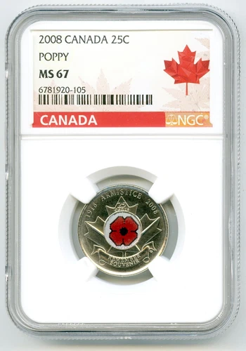 2008 CANADA 25 CENT NGC MS67 POPPY QUARTER COLORIZED RARE GRADE LOW POP