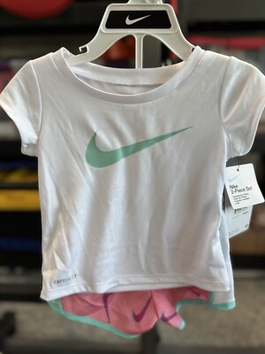 Nike Girls Dri Fit Shirt Shorts 2 Piece White Pink Outfit Set