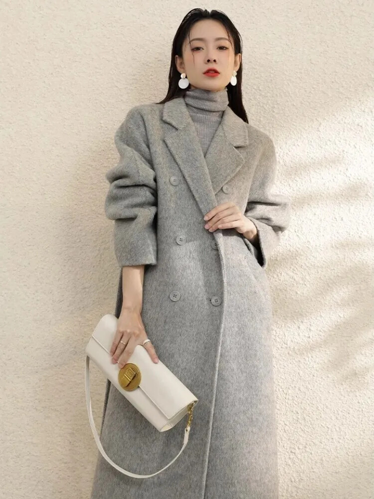 Abrigo gris de alta calidad para mujer en otoño e invierno con doble pecho largo