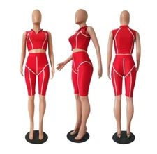 Women Two Piece Set Crop Top +Shorts Set Sportswear Bodycon Tracksuit Outfits #H