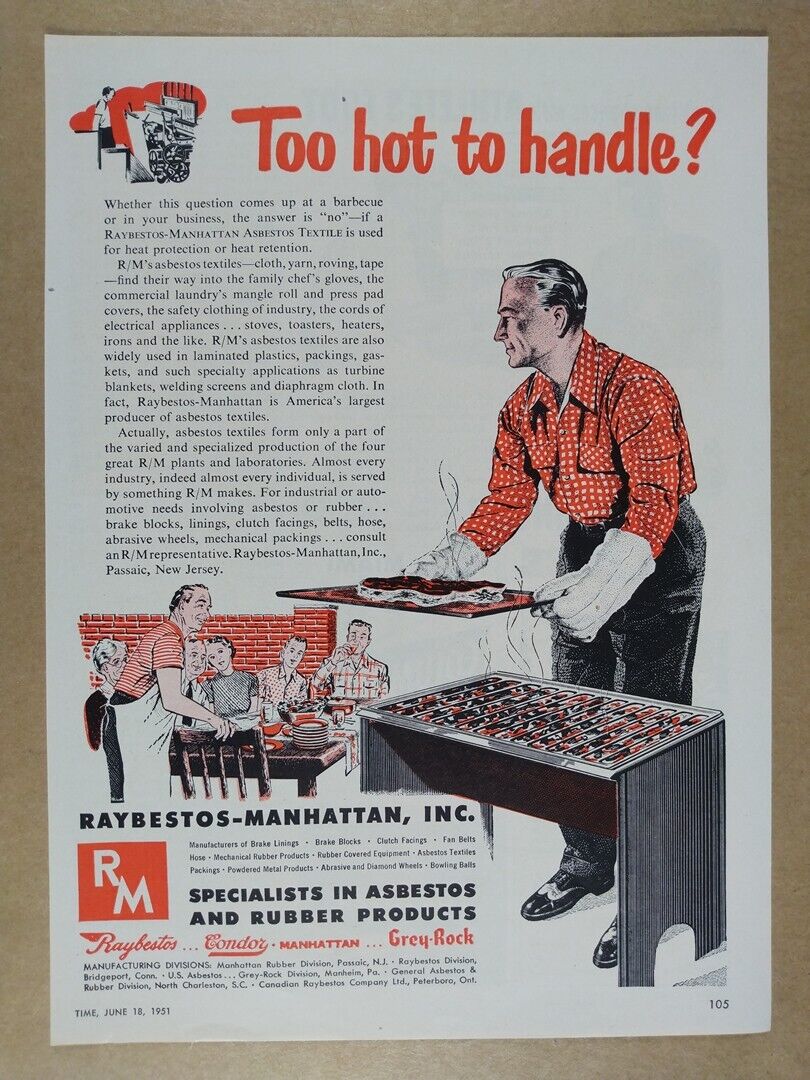 1951 Raybestos-Manhattan Asbestos Textiles vintage print Ad 1951 Raybestos-Manhattan Asbestos Textiles vintage print Ad
