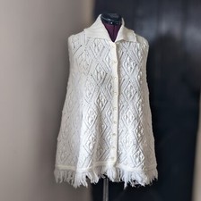 Vintage Wintuk Poncho Cape Knitted Arm Slits Collar Buttons Fringe Orion Acrylic