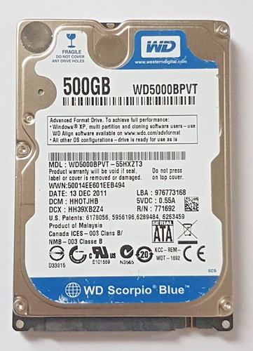 500 GB SATA Western Digital WD5000BPVT-55HXZT3 5400rpm 8MB 2.5" Festplatte