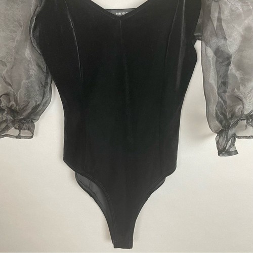 Forever 21 Velour Bodysuit Top Puffed Sleeves Sheer Black Small Stretch Velvet - Picture 6 of 11