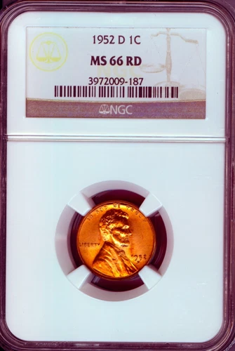 1952-D Lincoln cent Graded MS66 RD by NGC