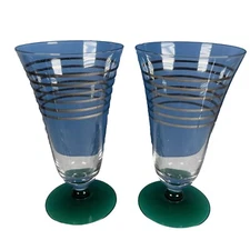 Vintage Clear Water Goblets w/ 6 Silver Stripes and Green Footed Base Set of 2