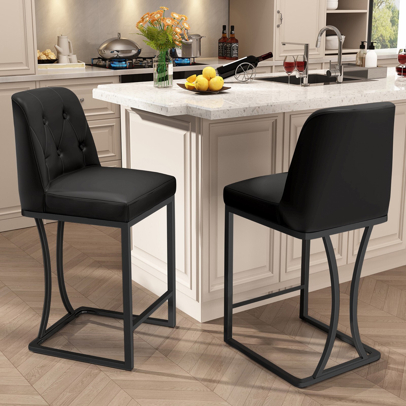 Set of 2 Counter Height Stools with Metal Legs Ergonomic Pu Leather Bar Stools