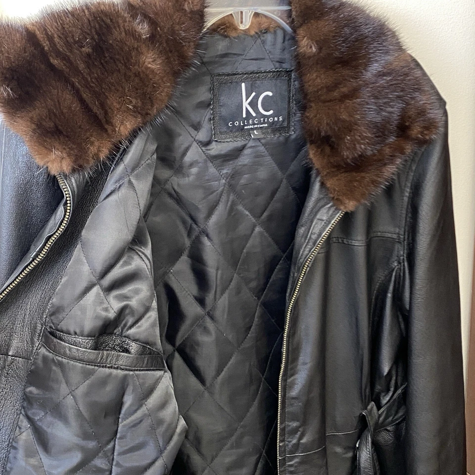 Chaqueta de cuero negra con cuello de visón genuino grande para mujer, hasta la cadera, forrada Foto 3 de 4