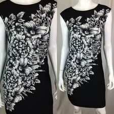 $128 Ann Taylor Factory Small Petite Black Jersey Floral Asymmetric Draped Dress