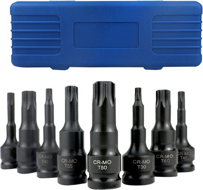 8PCS 1/2 Inch Torx Impact Socket Sets, T30 T40 T45 T50 T55 T60 T70 T80 Cr-Mo One