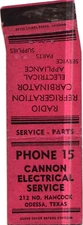 Cannon Electrical Service Radio Refrigeration, Appliance Vintage Matchbook Cover