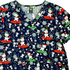 Scrub Top Christmas XL Sparkle Polar Bears Ice Skating Snowflakes Med Couture