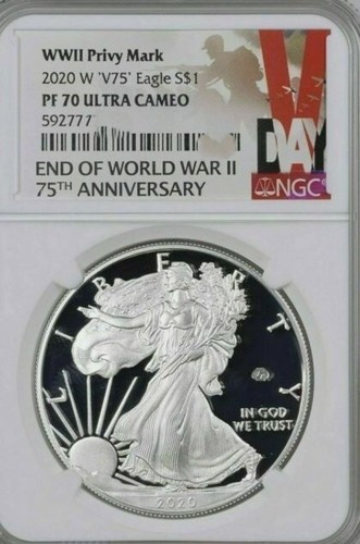 2020 W End of World War WW2 V75 Privy American Silver Eagle Proof PR70 NGC PF70
